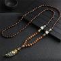 Handcrafted Boho Wood Bead Necklace with Horn Shaped Metal Pendant Embedded Polymer Clay Jewelry, Long Tribal Ethnic Style