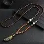 Handcrafted Boho Wood Bead Necklace with Horn Shaped Metal Pendant Embedded Polymer Clay Jewelry, Long Tribal Ethnic Style