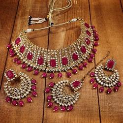 I Jewels Indian Bollywood Gold Plated Faux Beads Choker Jewelry Set with Maang Tiika for Women