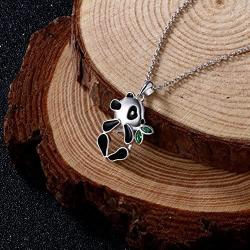 S925 Sterling Silver Lovely Panda Eat Bamboo Pendant Necklace