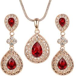 Yoursfs Garnet Red Gold Jewelry Sets for Women 18K Gold Plated Ruby Necklace Earrings Vintage Cz Crystal Jewelry Set