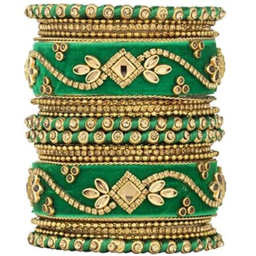 Aheli Ethnic Wedding Wear Handmade Faux Stone Studded Velvet Bangle Set Saree Matching Chuda Indian Bollywood Fashion Jewelry for Women
