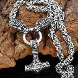 GuoShuang Men Stainless Steel Nordic Viking Wolf Head with Thor Hammer Pendant Necklace with King Chain