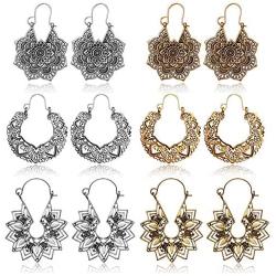 DAMLENG 6 Pairs Boho Vintage Mandala Flower Gypsy Drop Dangle Earrings for Women Girls Statement Retro Tribal National Style Hollow Earrings Set