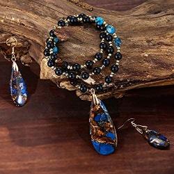 Plumiss Women Handmade Natural Stone Bead Pendant Necklace and Earrings Set Collection