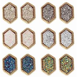 Lullabb 6 Pairs Women Crystal Druse Stud Earrings Hypoallergenic Geometry Shiny Druzy Ear-ring Men boys Fashion Jewelry for girls