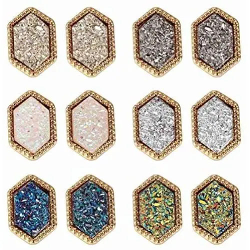 Lullabb 6 Pairs Women Crystal Druse Stud Earrings Hypoallergenic Geometry Shiny Druzy Ear-ring Men boys Fashion Jewelry for girls Lullabb 6 Pairs Women Crystal Druse Stud Earrings Hypoallergenic Geometry Shiny Druzy Ear-ring Men boys Fashion Jewelry for girls