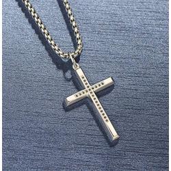 FANCIME Yellow/White Gold Plated 925 Solid Sterling Silver Polished Big Beveled Edge Mens Crucifix Cross Pendant Long Necklace Fine Jewelry For Men Boys, Strong Stainless Steel Box Chain Length 22''
