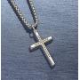 FANCIME Yellow/White Gold Plated 925 Solid Sterling Silver Polished Big Beveled Edge Mens Crucifix Cross Pendant Long Necklace Fine Jewelry For Men Boys, Strong Stainless Steel Box Chain Length 22''