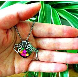 DJwindfy Rainbow Bridge Paw Print and Angel Wing Stainless Steel Necklace with Colorful Crystal,Pet Loss Memorial Gift in Memeroy of Pet