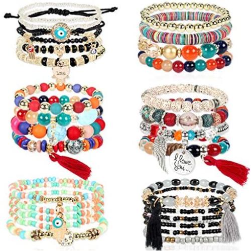 HaHaGirl 6 Sets Bohemian Stackable Bead Bracelets for Women Girls Stretch Multilayered Bracelet Set Multicolor Tassel Strand Bracelets Stretch Jewelry