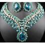 Vine Leaves Austrian Rhinestone Crystal Necklace Earrings Set Bridal Teal N812t