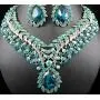 Vine Leaves Austrian Rhinestone Crystal Necklace Earrings Set Bridal Teal N812t