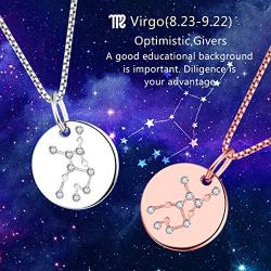 YL Womens Constellation Jewelry Sterling Silver Zodiac Necklace Astrology Coin Disc Horoscope Pendant with 18K White/Rose Gold Plated