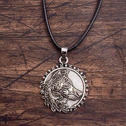 HAQUIL Wolf Necklace - Metal Alloy, Round Wolf Medallion Pendant - Leather Cord, 19.7''