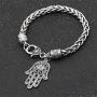 QEPOL Hamsa Hand of Fatima Silver Bracelet - Evil Eye Protection Silver Tone Alloy Charm Jewelry Lucky love Pendant Friendship Handmade Bracelet Men Women