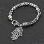 QEPOL Hamsa Hand of Fatima Silver Bracelet - Evil Eye Protection Silver Tone Alloy Charm Jewelry Lucky love Pendant Friendship Handmade Bracelet Men Women