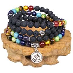 PWMENLK Lava Beads,Mala Prayer Beads OM Buddha Pendant 7 Chakra Tibetan Buddhist Healing Lava Rock Gemstone Meditation Wrap Necklace Bracelet(Lava,OM Buddha)