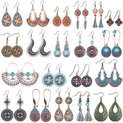 Duufin 15 Pairs Boho Earrings Vintage Bohemian Earrings Drop Dangle Earring Statement Earring Set with a Box for Women and Girls