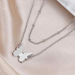 Butterfly Necklaces Layered for Women, Silver Dainty Butterfly Charm Gifts Birthday Anniversary, Stainless Steel Dainty Pendant with Adjustable Chains for Girls Boys