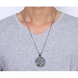 HUANIAN Mens Color Star Pentagram Pentacle Pagan Wiccan Witch Gothic Pewter Pendant, 24'' Chains