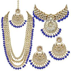 Aheli Indian Wedding Kundan Beaded Bridal Long Choker Necklace Earrings with Maang Tikka Traditional Jewelry Set for Women
