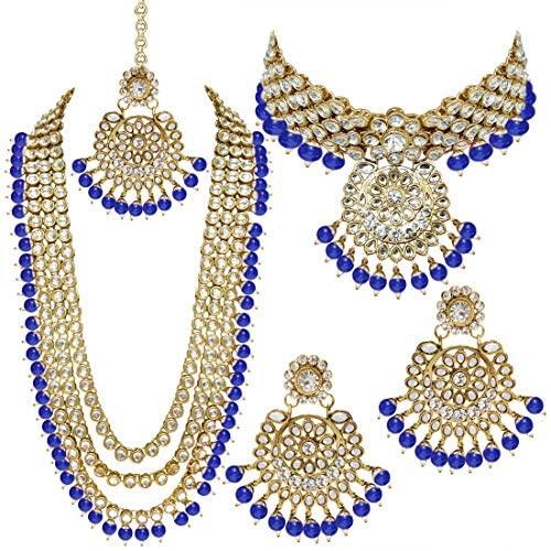 Aheli Indian Wedding Kundan Beaded Bridal Long Choker Necklace Earrings with Maang Tikka Traditional Jewelry Set for Women