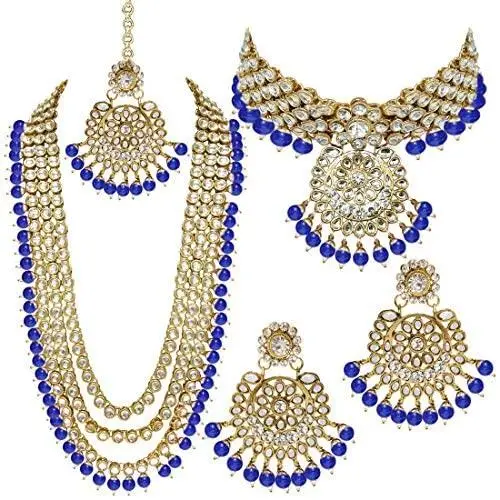 Aheli Indian Wedding Kundan Beaded Bridal Long Choker Necklace Earrings with Maang Tikka Traditional Jewelry Set for Women