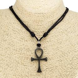 BlueRica Ankh Cross of Life Pendant on Adjustable Black Rope Cord Necklace (Old Silver Color)