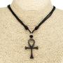 BlueRica Ankh Cross of Life Pendant on Adjustable Black Rope Cord Necklace (Old Silver Color)