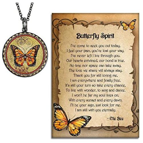 Lola Bella Gifts and Spirit Lala Orange Monarch Butterfly Grief Sympathy Gift Reversible Necklace with Our Love Never Dies and Butterfly Spirit Poem Card, Gift Box