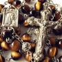 elegantmedical CATHOLIC Tiger Eye & Silver Rose Beads ROSARY CROSS crucifix necklace