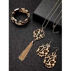 Hicarer 3 Pieces Leopard Bracelets Bohemia Leopard Earrings Necklace for Women Girls (Teardrop Earring Set)