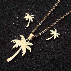 MIXIA Stainless Steel Hawaii Tropical Plant Pendant Necklace for Women Coconut Palm Tree Stud Earrings Beach Set Jewelry