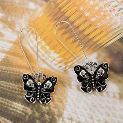 Sterling Silver Plated Vintage Black Skull Heads Butterfly Charm Dangle Earrings