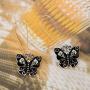 Sterling Silver Plated Vintage Black Skull Heads Butterfly Charm Dangle Earrings