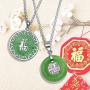 Asian Style Round Circle Disc Good Luck Chinese Fortune Dyed Green Jade Pendant Necklace For Women 925 Sterling Silver