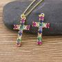 OUCHUANG Colorful Cross Pendant Necklaces for Women Crystal Gold Plated Cubic Zirconia Jewelry Gifts