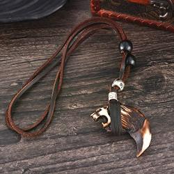 MJartoria Mens Necklace, Unisex Resin Tooth Pendant Adjustable Brown PU Leather Cord Necklace