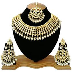 Finekraft Meena Kundan Bridal Wedding Designer Gold Plated Pearls Necklace Jewelry Set