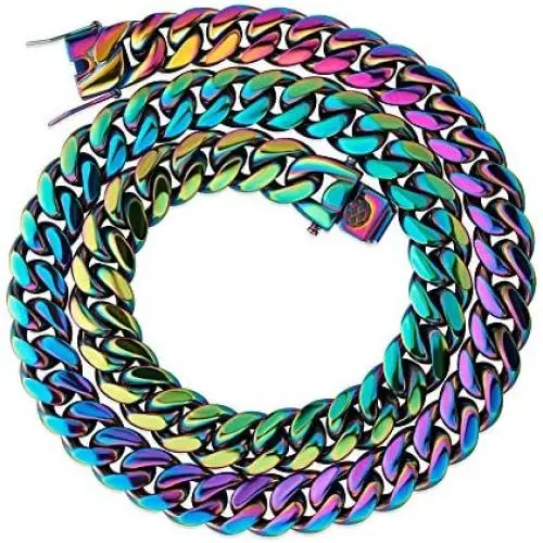 TOPGRILLZ 10,14mm Polished Stainless Steel Solid Rainbow Laser Cuban Link Chain Necklace for Men Women Hip Hop Jewelry TOPGRILLZ 10,14mm Polished Stainless Steel Solid Rainbow Laser Cuban Link Chain Necklace for Men Women Hip Hop Jewelry
