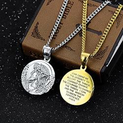 Jesus Bible Verse Gold Necklace for Mens with 21.6'' Chain Christian Jewelry Stainless Steel Personality Prayer English Engraved Coin Disc Medal Pendant