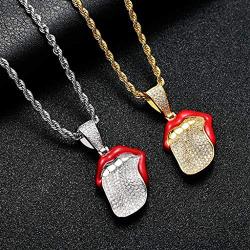 Moca Jewelry Iced Out Red Lips Big Tongue Pendant Necklace 18K Gold Plated Bling CZ Simulated Diamond Hip Hop Rapper Chain Necklace for Men Women