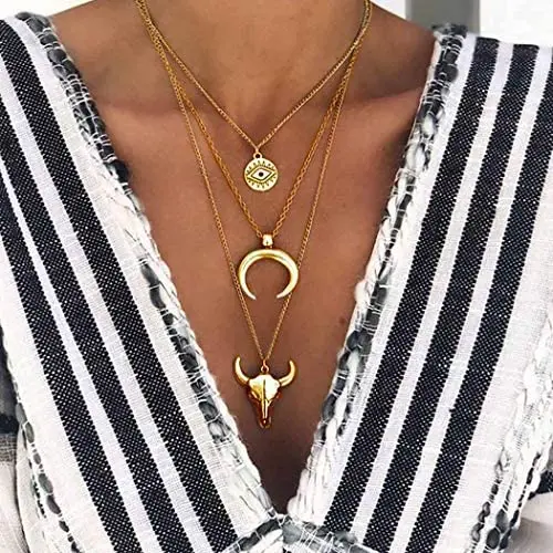 Jeweky Boho Layered Necklace Gold Horns Long Necklaces Pendant Chain Choker Jewelry for Women and Girls Jeweky Boho Layered Necklace Gold Horns Long Necklaces Pendant Chain Choker Jewelry for Women and Girls