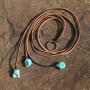 Bohemian Synthetic Turquoise Necklace Handmade Vintage Y-shaped Jewelry with Genuine Flat Brown Leather