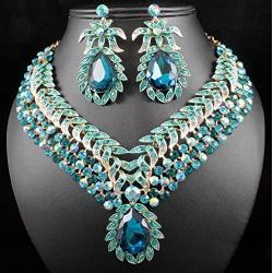 Vine Leaves Austrian Rhinestone Crystal Necklace Earrings Set Bridal Teal N812t