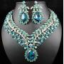 Vine Leaves Austrian Rhinestone Crystal Necklace Earrings Set Bridal Teal N812t