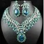 Vine Leaves Austrian Rhinestone Crystal Necklace Earrings Set Bridal Teal N812t