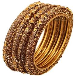 Touchstone ''Golden Bangle Collection Ethnic Style Filigree Work Yellow Citrine Rhinestone Indian Bollywood Designer Jewelry Metal Bangle Bracelets in Antique Gold Tone for Women. Set of 4.