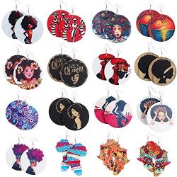 KWHY 16 Pairs Round African Women Earrings Wooden Painted Earrings Ethnic Style Earring Drop Dangle Earrings Set